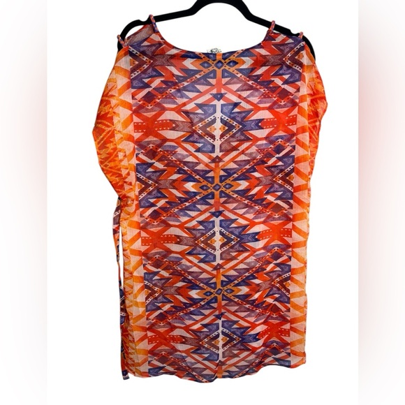 Becca Beach Vacation Swim Cover Up Deep V Neck Semi Sheer Orange Print Size M-L - Picture 6 of 9
